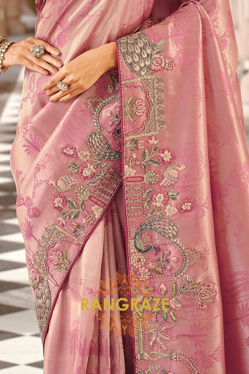 Blush Radiance: Designer Embroidered Silk Saree