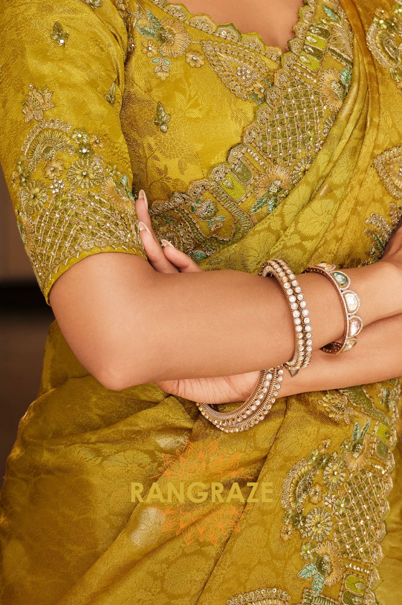 Golden Olive Charm: Designer Embroidered Tissue Silk Saree