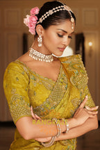 Golden Olive Charm: Designer Embroidered Tissue Silk Saree