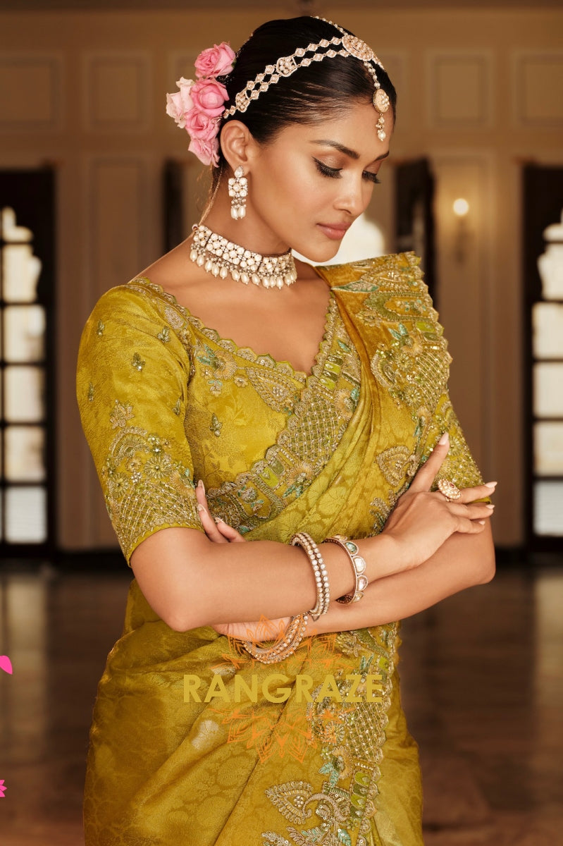 Golden Olive Charm: Designer Embroidered Tissue Silk Saree