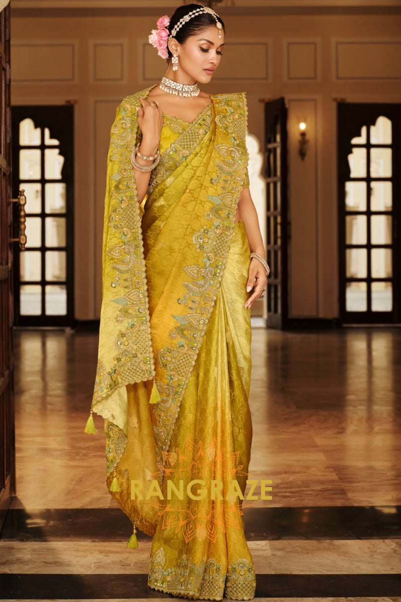Golden Olive Charm: Designer Embroidered Tissue Silk Saree