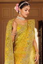 Golden Olive Charm: Designer Embroidered Tissue Silk Saree