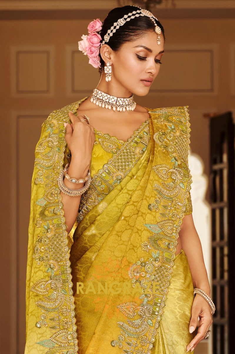 Golden Olive Charm: Designer Embroidered Tissue Silk Saree