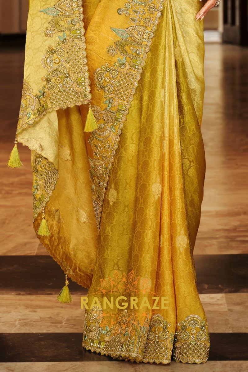 Golden Olive Charm: Designer Embroidered Tissue Silk Saree