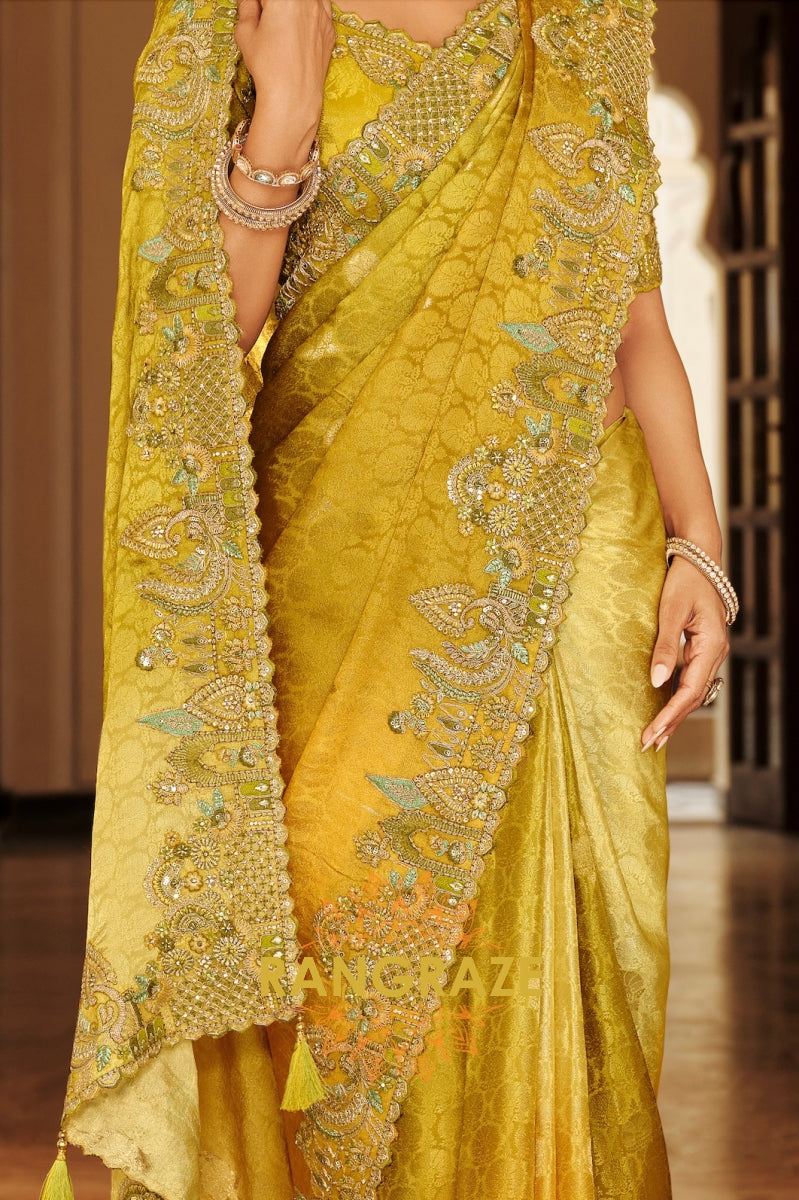 Golden Olive Charm: Designer Embroidered Tissue Silk Saree