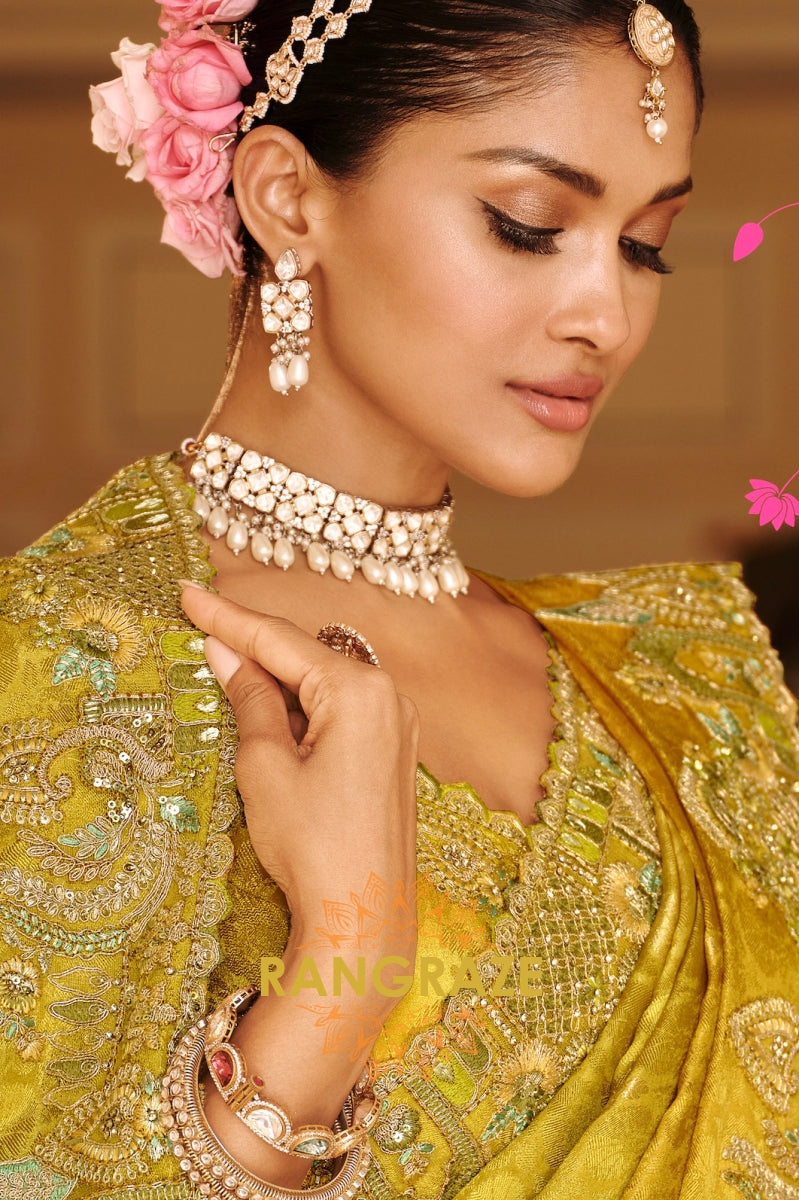 Golden Olive Charm: Designer Embroidered Tissue Silk Saree