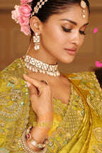 Golden Olive Charm: Designer Embroidered Tissue Silk Saree