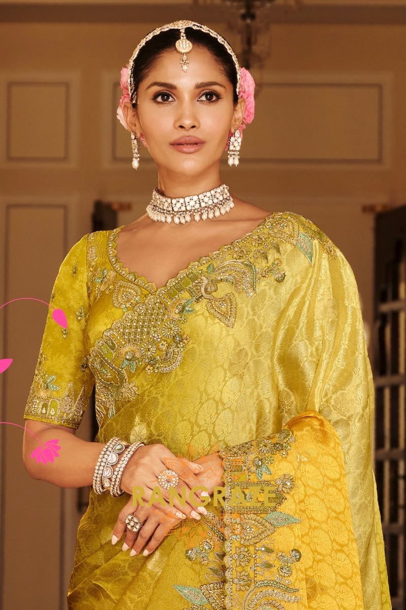 Golden Olive Charm: Designer Embroidered Tissue Silk Saree