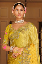 Golden Olive Charm: Designer Embroidered Tissue Silk Saree
