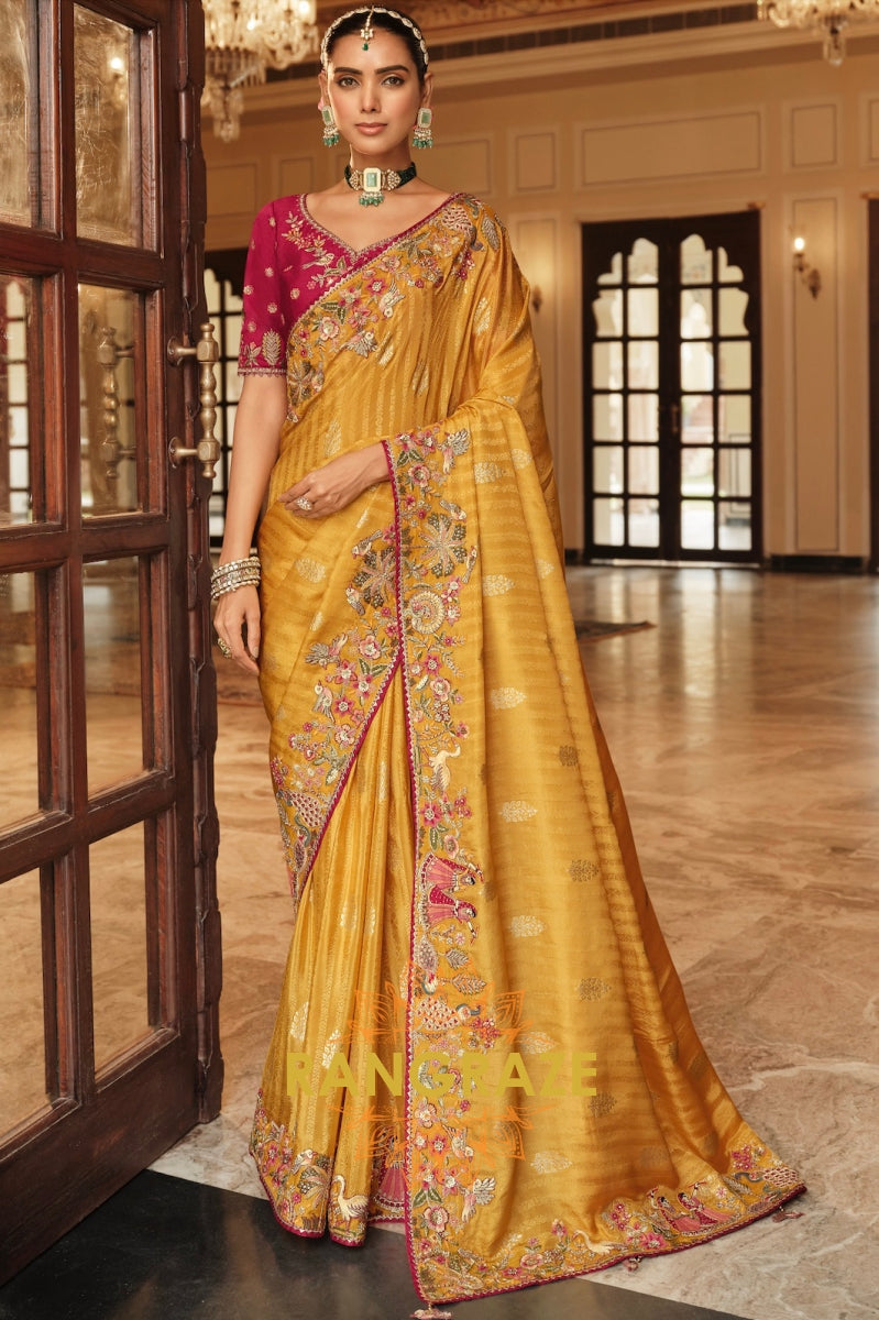 Golden Maroon Royale: Embroidered Silk Designer Saree