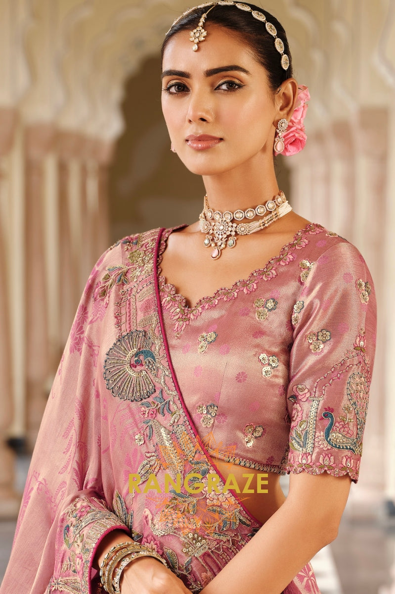 Blush Radiance: Designer Embroidered Silk Saree
