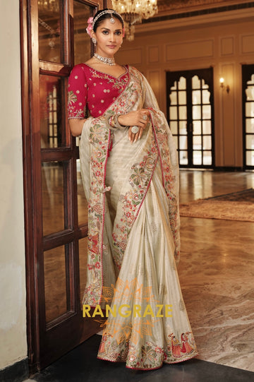 Royal Ivory Grace: Embroidered Silk Saree