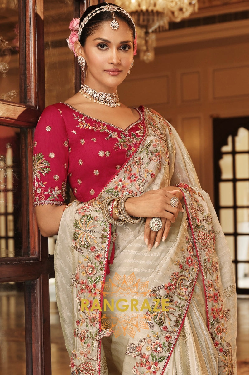Royal Ivory Grace: Embroidered Silk Saree