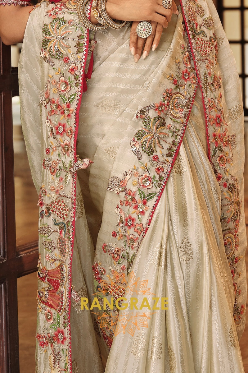 Royal Ivory Grace: Embroidered Silk Saree