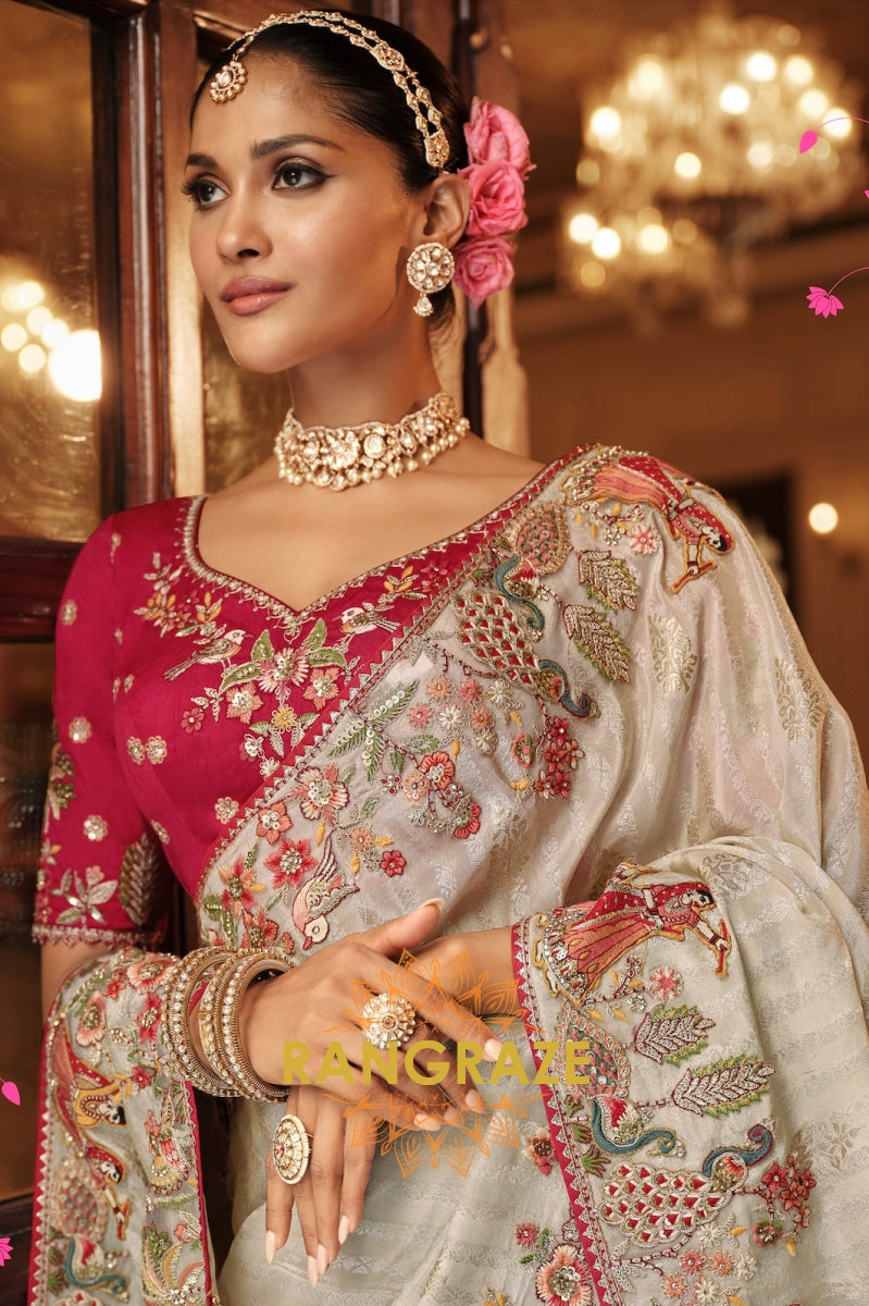 Royal Ivory Grace: Embroidered Silk Saree