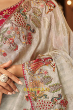 Royal Ivory Grace: Embroidered Silk Saree