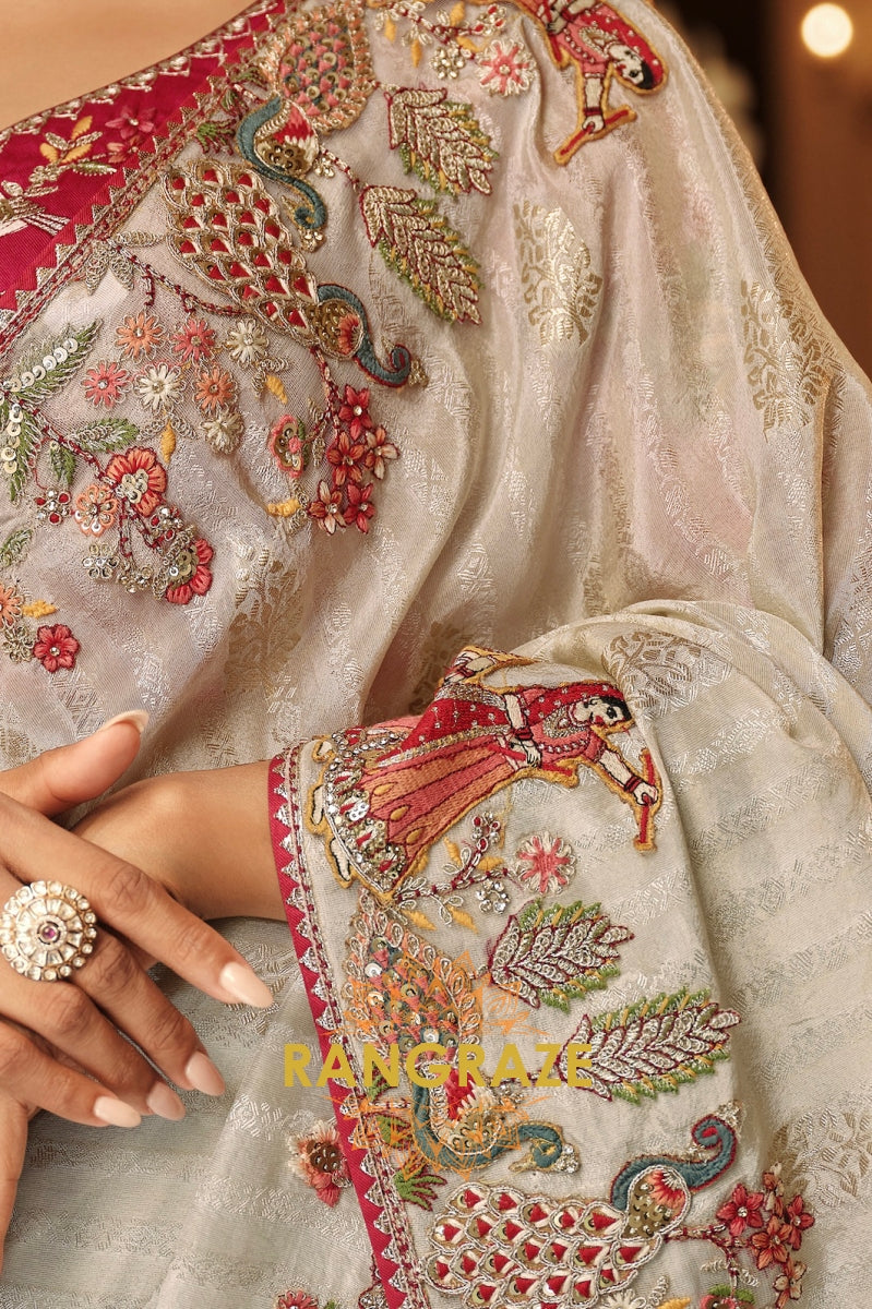 Royal Ivory Grace: Embroidered Silk Saree