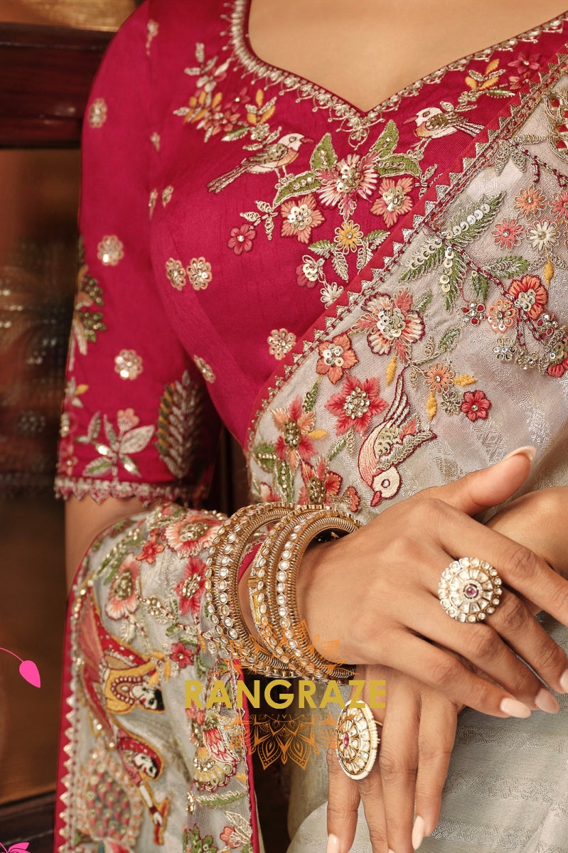 Royal Ivory Grace: Embroidered Silk Saree