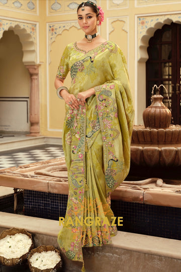 Enchanted Peacock Glow: Olive Green Embroidered Silk Saree