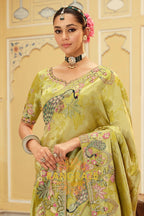 Enchanted Peacock Glow: Olive Green Embroidered Silk Saree