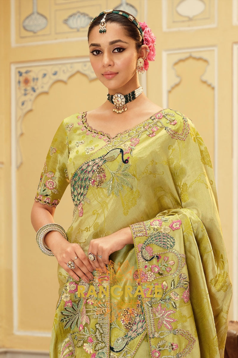 Enchanted Peacock Glow: Olive Green Embroidered Silk Saree