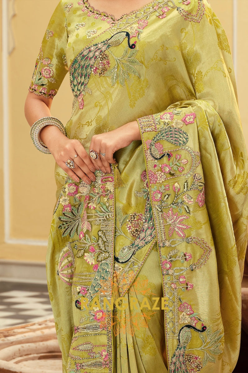 Enchanted Peacock Glow: Olive Green Embroidered Silk Saree