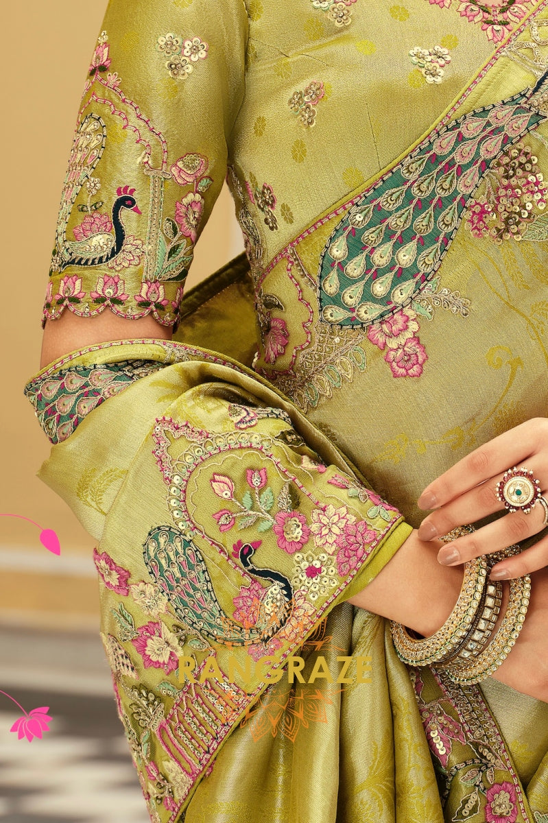 Enchanted Peacock Glow: Olive Green Embroidered Silk Saree