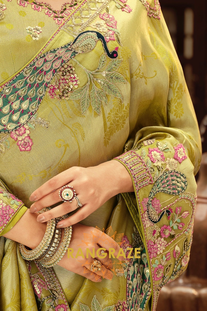 Enchanted Peacock Glow: Olive Green Embroidered Silk Saree