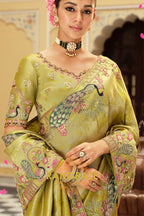 Enchanted Peacock Glow: Olive Green Embroidered Silk Saree