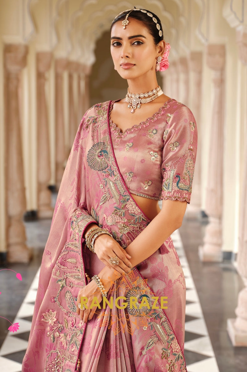 Blush Radiance: Designer Embroidered Silk Saree