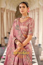Blush Radiance: Designer Embroidered Silk Saree
