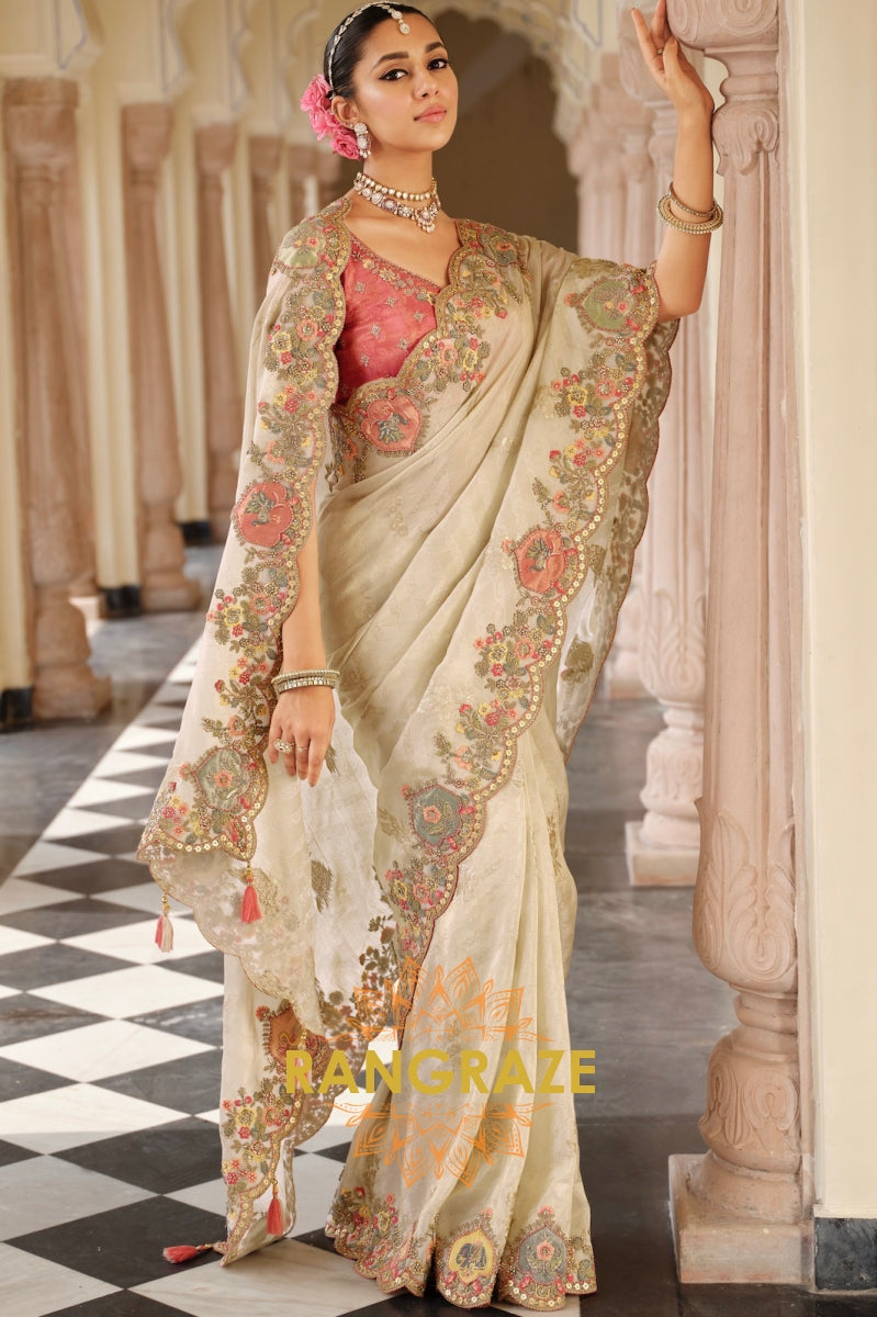 Enchanted Blossom Glow: Designer Embroidered Silk Saree