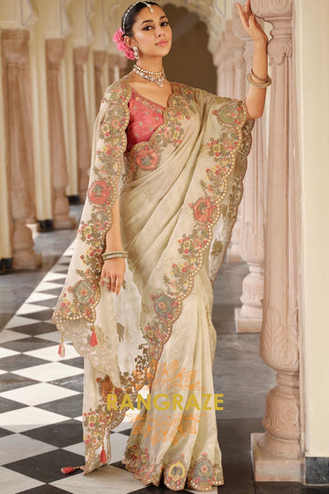 Enchanted Blossom Glow: Designer Embroidered Silk Saree