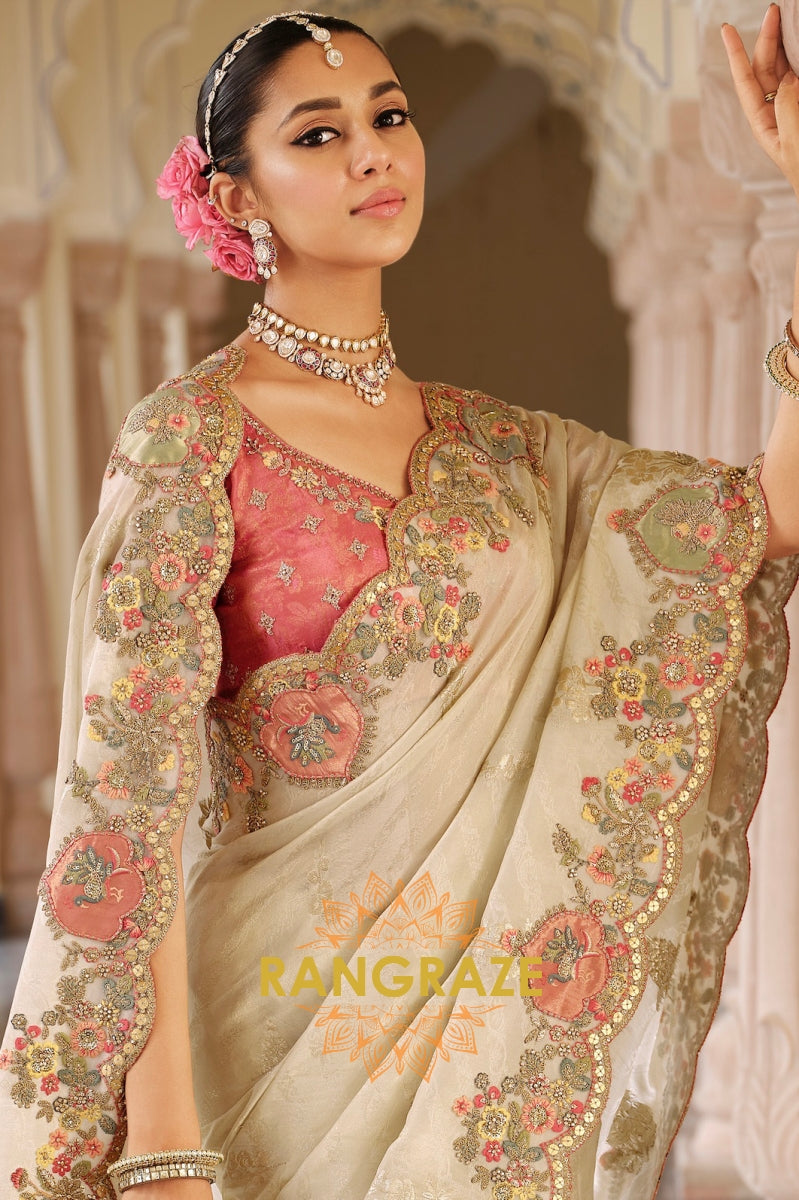 Enchanted Blossom Glow: Designer Embroidered Silk Saree