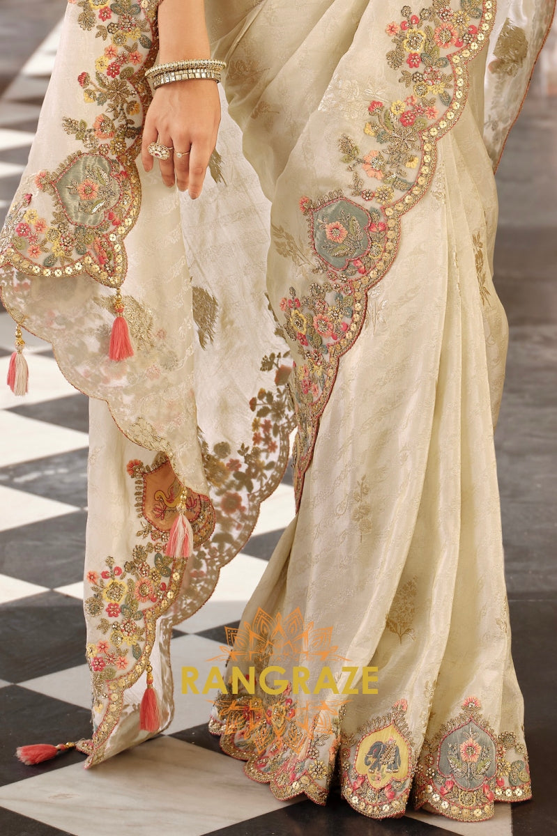 Enchanted Blossom Glow: Designer Embroidered Silk Saree