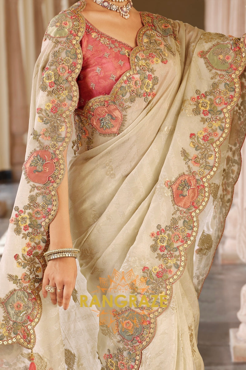 Enchanted Blossom Glow: Designer Embroidered Silk Saree