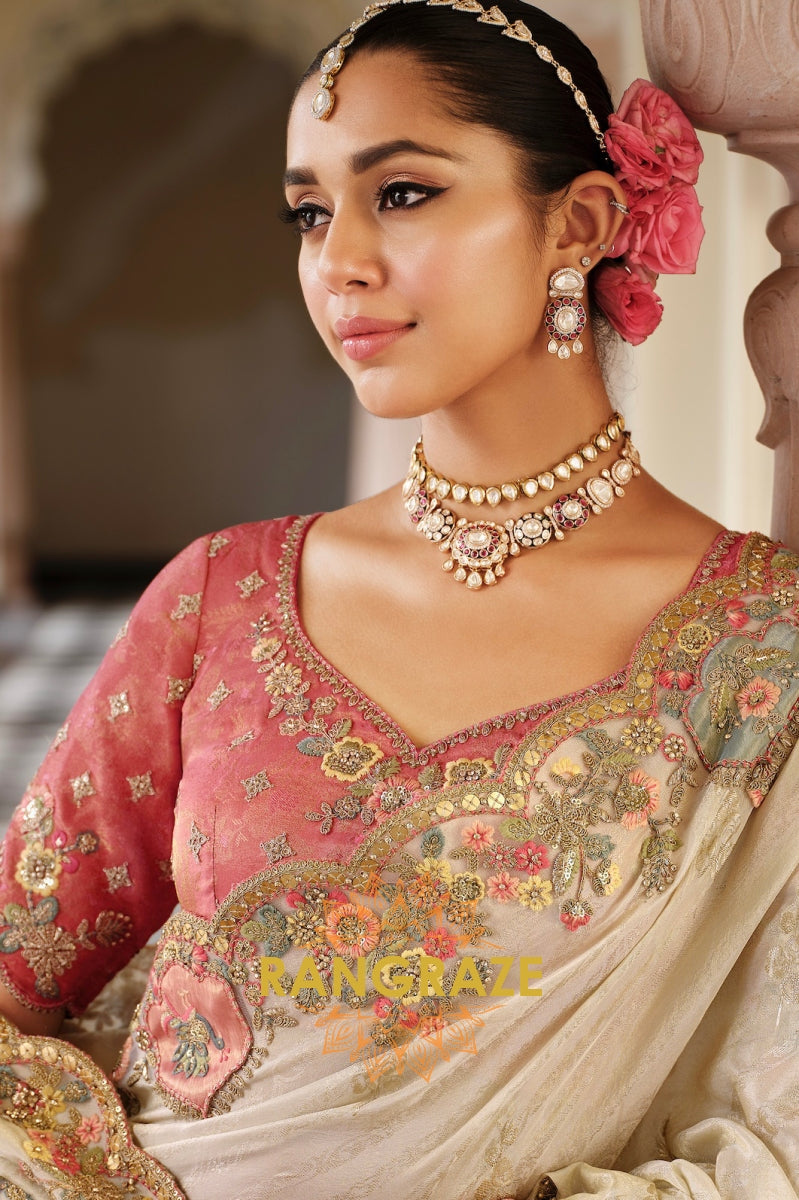 Enchanted Blossom Glow: Designer Embroidered Silk Saree