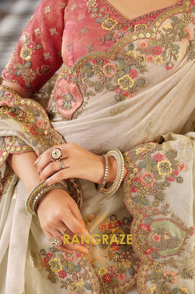Enchanted Blossom Glow: Designer Embroidered Silk Saree