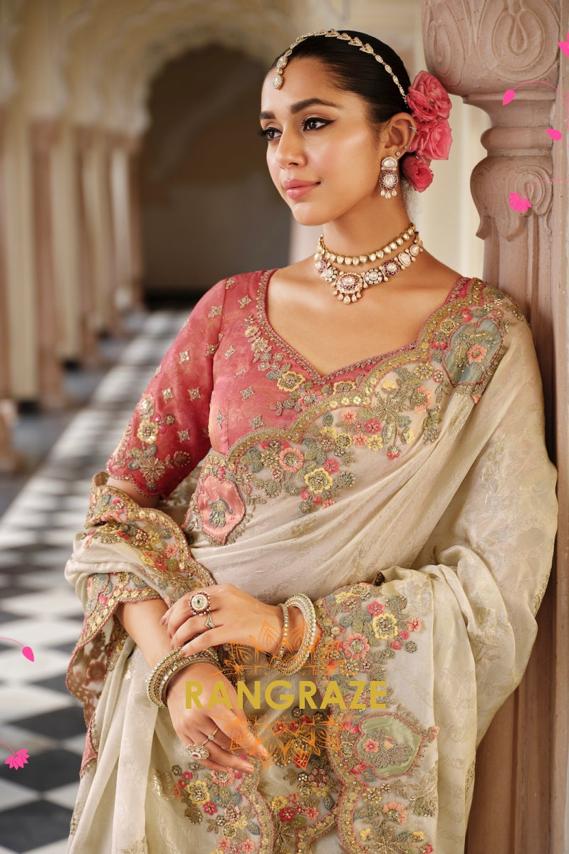 Enchanted Blossom Glow: Designer Embroidered Silk Saree