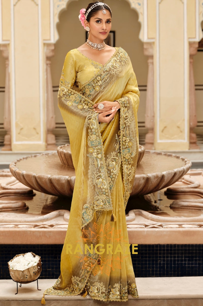 Golden Olive Radiance: Embroidered Silk Saree