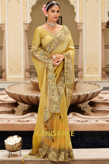 Golden Olive Radiance: Embroidered Silk Saree