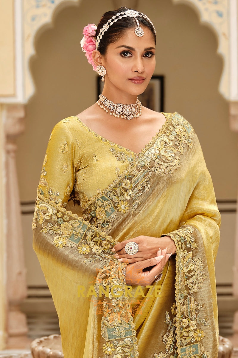 Golden Olive Radiance: Embroidered Silk Saree