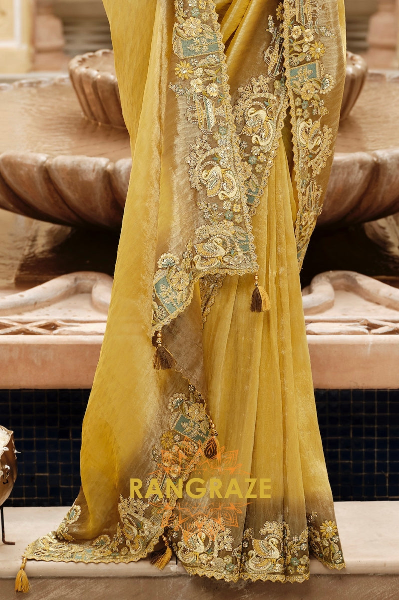 Golden Olive Radiance: Embroidered Silk Saree