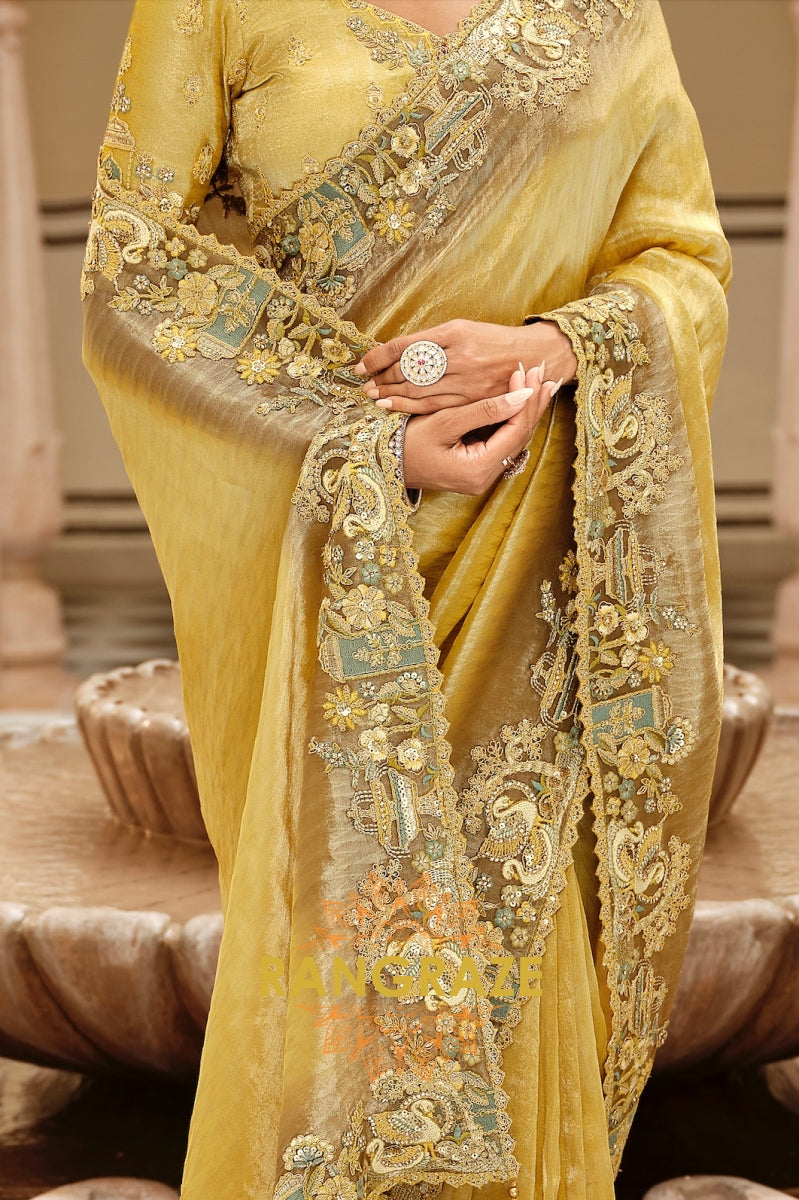 Golden Olive Radiance: Embroidered Silk Saree