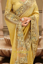 Golden Olive Radiance: Embroidered Silk Saree