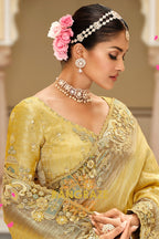 Golden Olive Radiance: Embroidered Silk Saree