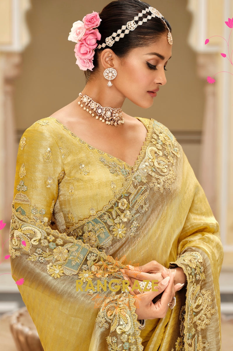 Golden Olive Radiance: Embroidered Silk Saree