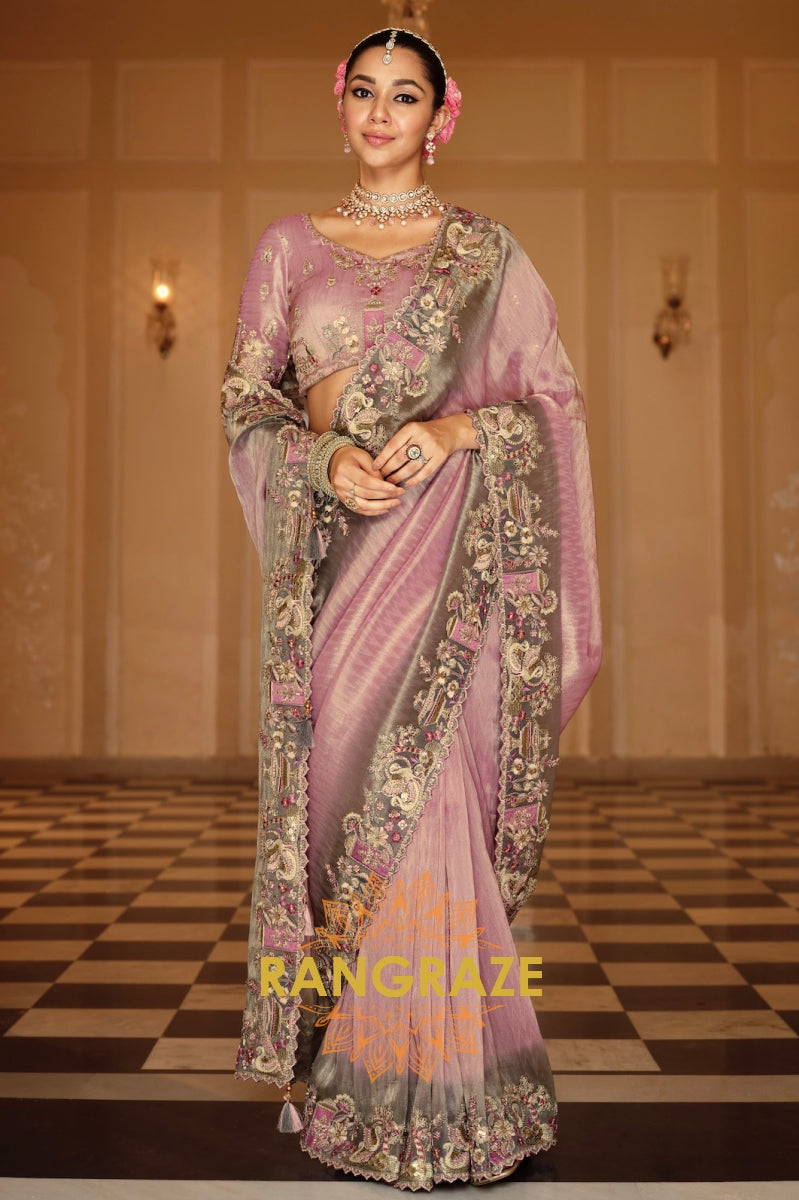 Lavender Elegance: Designer Embroidered Silk Saree