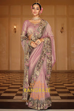 Lavender Elegance: Designer Embroidered Silk Saree