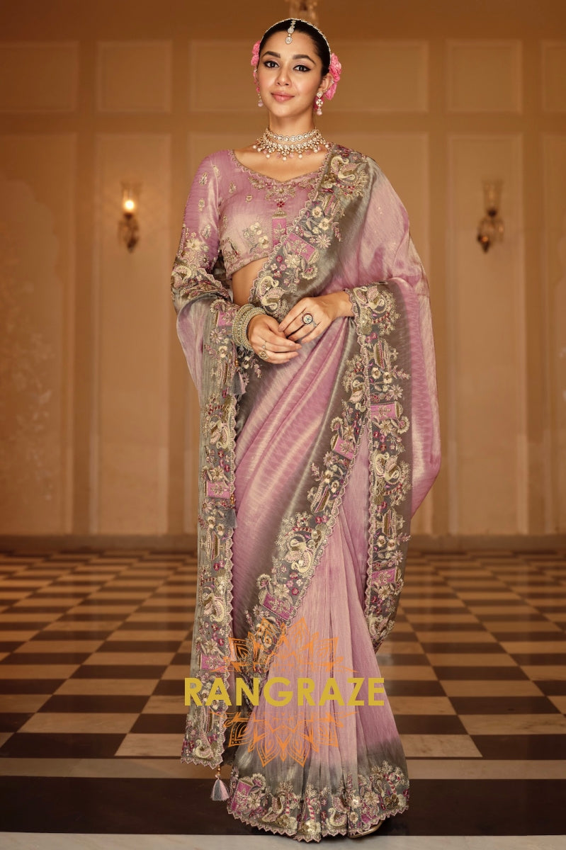 Lavender Elegance: Designer Embroidered Silk Saree
